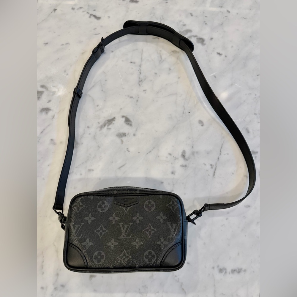 Preowned Real Leather Black Monogram Shoulder Bag Adjustable